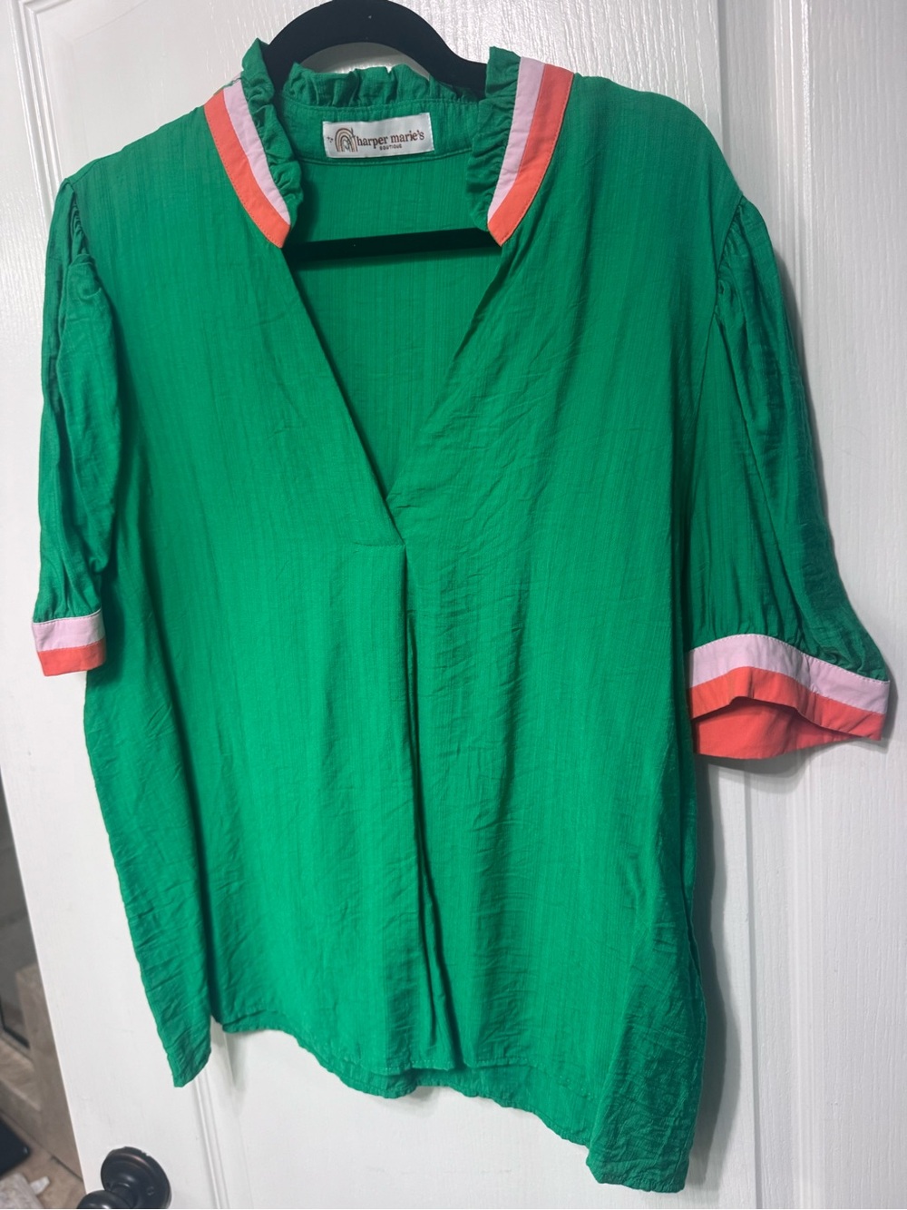 Green V-Neck Puff Sleeve Top with Coral Trim